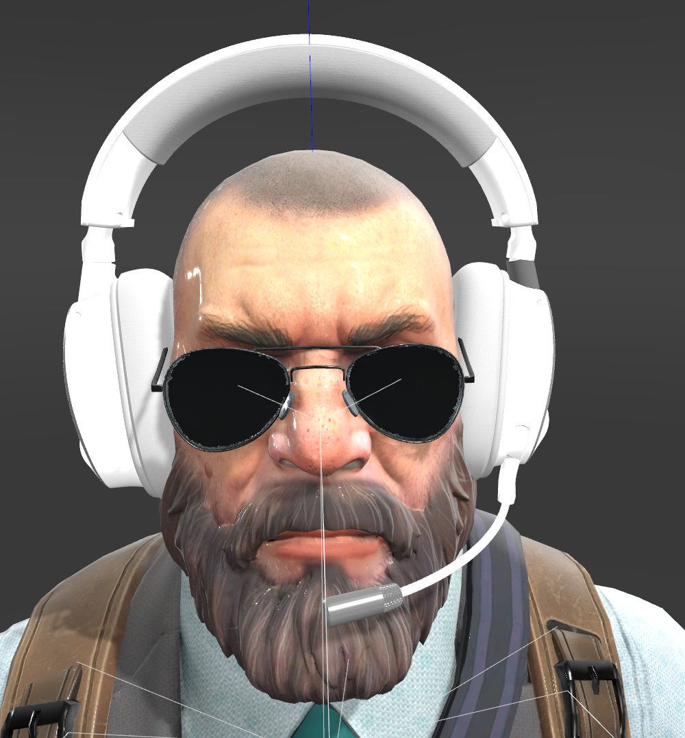 The white headset positioned on a textured bearded Counter-Strike character wearing sunglasses, shown in a 3D viewport