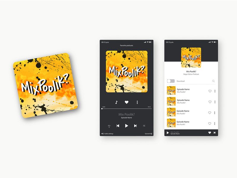 Mix Poolik? podcast yellow cover art and app screens