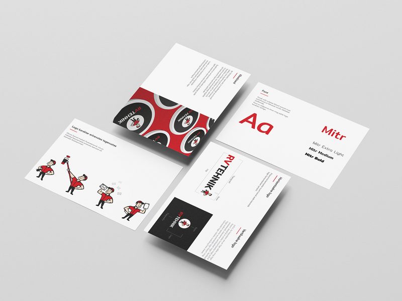 RV Tehnik brand guidelines: red and black palette, typefaces and mascot illustrations