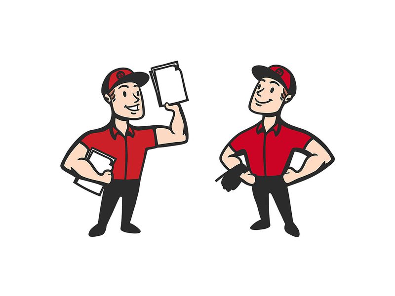 RV Tehnik mascot – a technician in red uniform in two poses