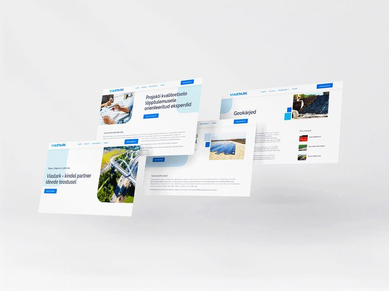 Viastark website pages with blue accents and construction photos