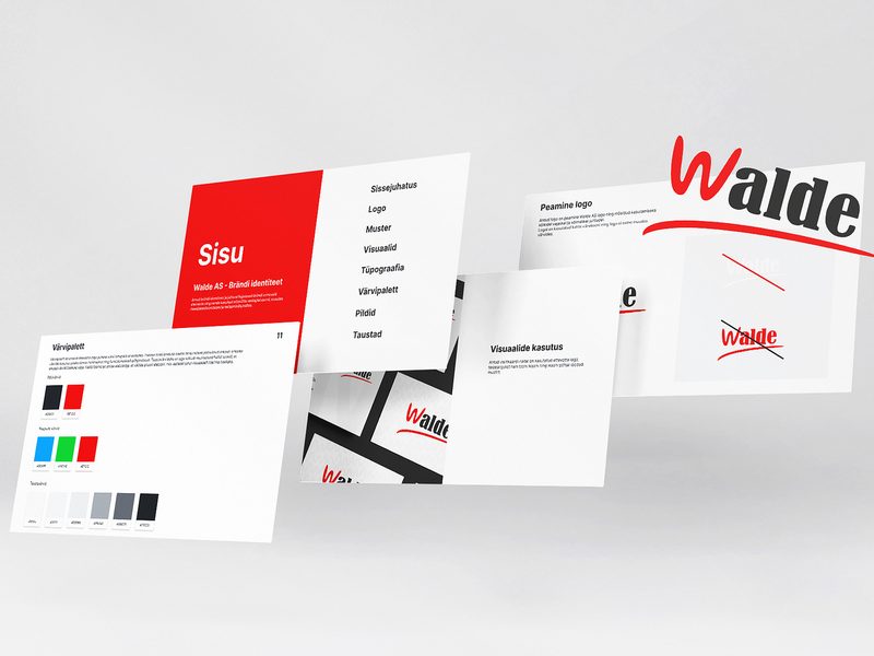 Walde brand guideline pages showing the logo, colour palette and typography
