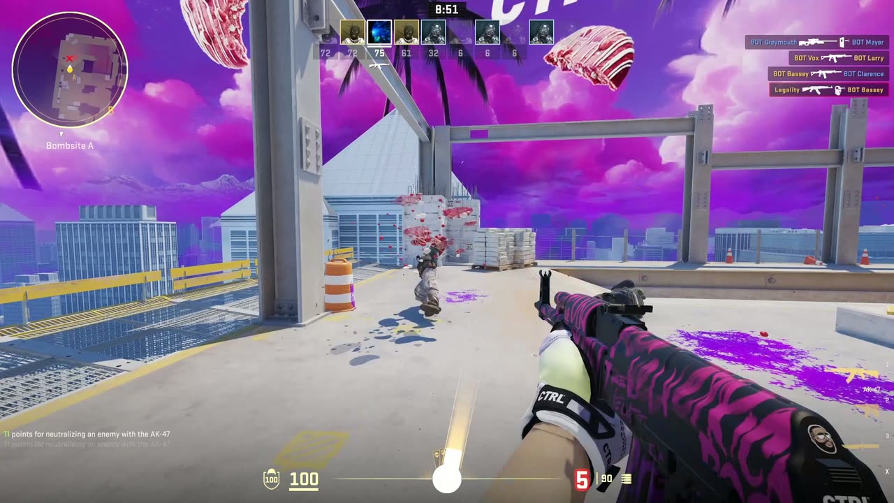Counter-Strike 2 gameplay with red velvet cookie splatter replacing the default impact effect